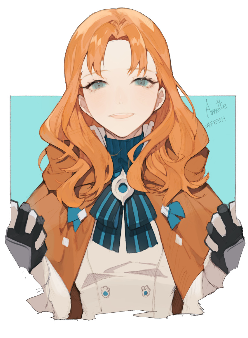 1girl absurdres annette_fantine_dominic character_name fire_emblem fire_emblem:_three_houses green_eyes highres holding_hands long_hair open_mouth orange_hair pullssack simple_background solo_focus upper_body