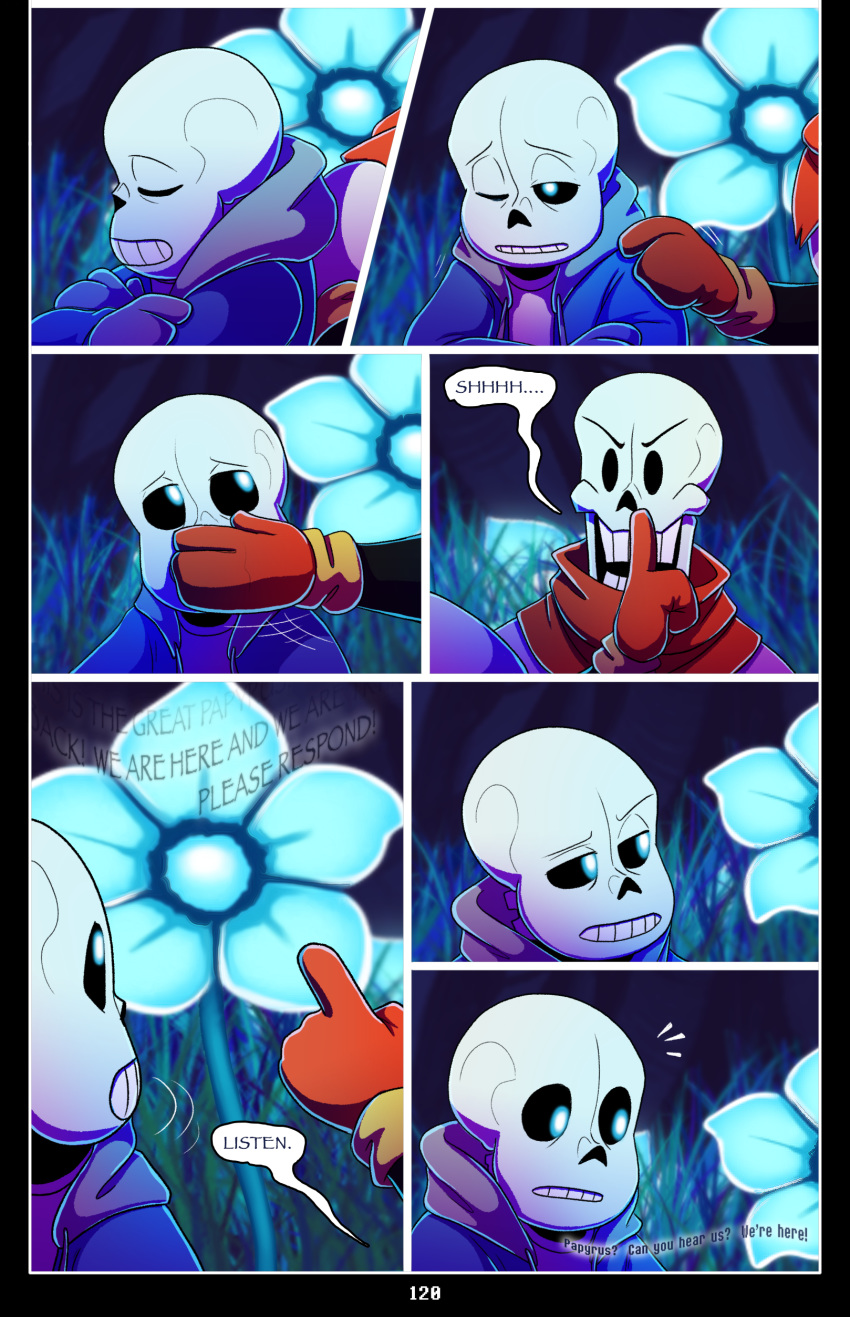 absolutedream absurd_res animated_skeleton anthro bone clothing comic dialogue duo echo_flower english_text gloves grass handwear hi_res male papyrus_(undertale) sans_(undertale) skeleton text undead undertale video_games