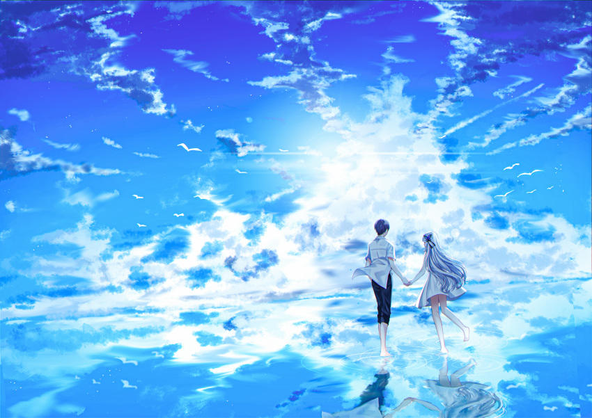 1boy 1girl absurdres animal barefoot bird black_pants blue_sky butterfly_hair_ornament cloud cloudy_sky day dress hair_ornament highres holding_hands horizon huge_filesize long_hair miyo_(user_zdsp7735) original outdoors pants reflection ripples shirt short_sleeves silver_hair sky sleeveless sleeveless_dress soles standing standing_on_one_leg summer very_long_hair water white_dress white_shirt