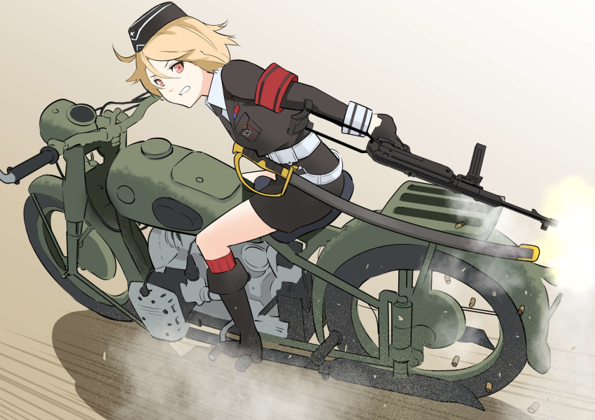 1girl amehashi_(vdde3724) armband blonde_hair firing girls_frontline ground_vehicle gun hat highres military military_hat military_uniform motor_vehicle motorcycle mp40 mp40_(girls_frontline) saber_(weapon) scabbard sheath short_hair solo submachine_gun sword uniform weapon wehrmacht