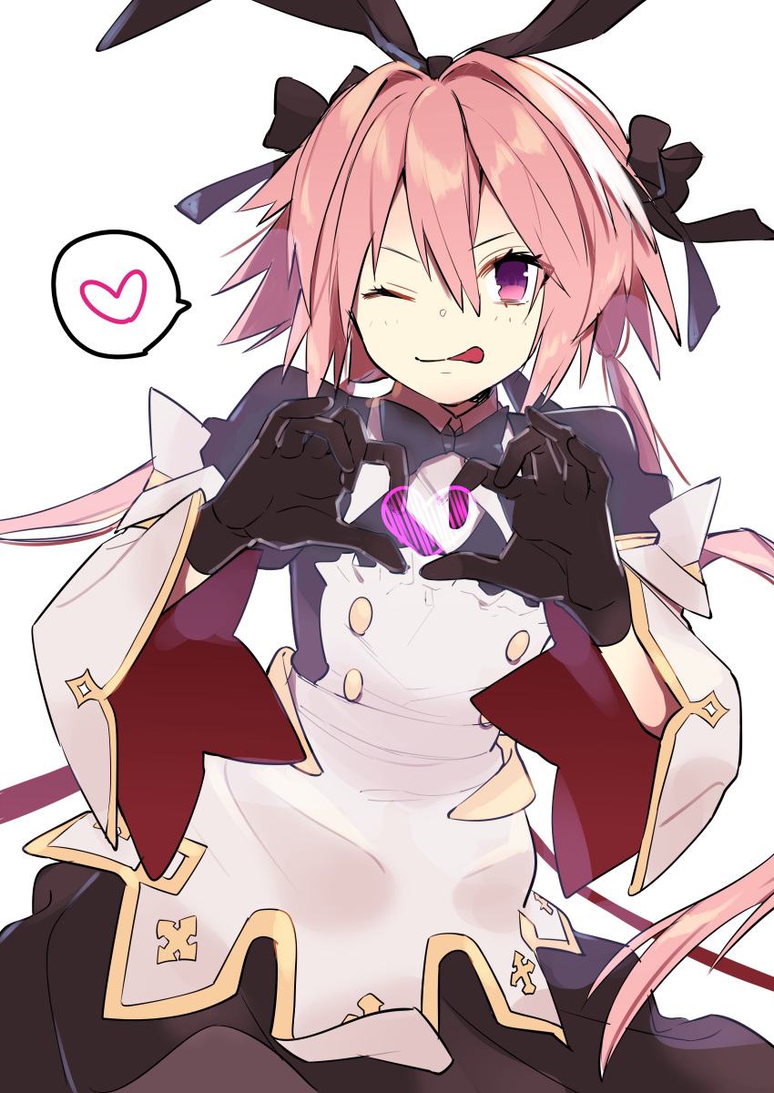 1boy ;p absurdres astolfo_(fate) astolfo_(saber)_(fate) black_gloves black_headwear black_neckwear bow commentary fate/apocrypha fate/grand_order fate_(series) gloves gold_trim hair_bow heart heart_hands highres long_hair low_twintails male_focus multicolored_hair omucchan_(omutyuan) one_eye_closed otoko_no_ko pink_hair purple_eyes solo spoken_heart tongue tongue_out twintails white_hair
