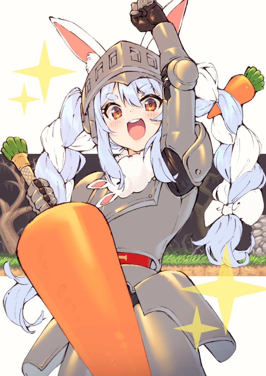 1girl animal_ear_fluff animal_ears arm_up armor bangs blue_hair blush braid bunny_ears carrot_hair_ornament commentary_request crossover eyebrows_visible_through_hair fist_pump food food_themed_hair_ornament gauntlets greaves hair_ornament helmet highres holding holding_food hololive joker_(tomakin524) looking_at_viewer makaimura multicolored_hair open_mouth orange_eyes oversized_food plate_armor round_teeth smile solo streaked_hair symbol-shaped_pupils teeth thick_eyebrows twintails two-tone_hair upper_teeth usada_pekora virtual_youtuber white_hair