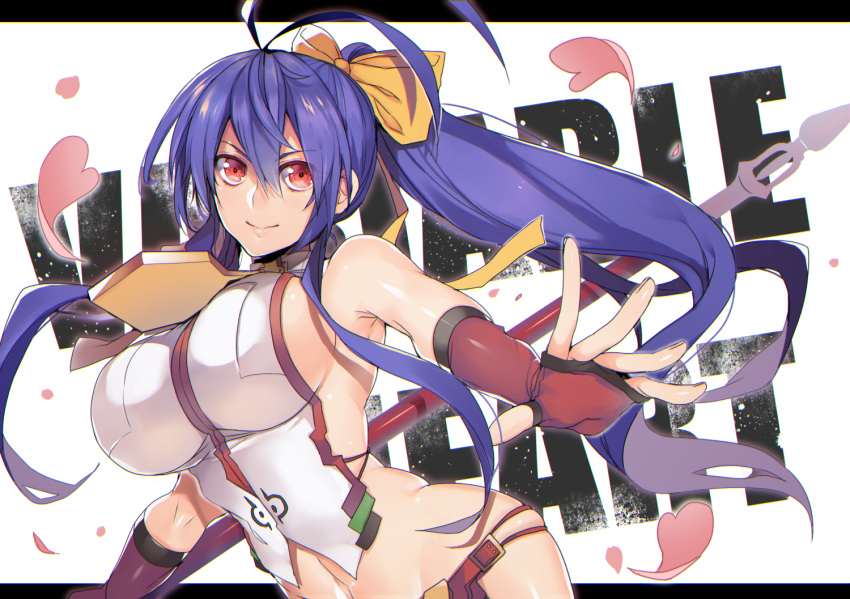 1girl antenna_hair bare_shoulders blazblue blazblue:_central_fiction blue_hair bow breasts fingerless_gloves gloves hair_between_eyes hair_bow hair_ribbon holding holding_weapon large_breasts long_hair mai_natsume polearm ponytail purple_eyes red_gloves ribbon sideboob sidelocks smile solo spear uzukinoko very_long_hair weapon yellow_bow