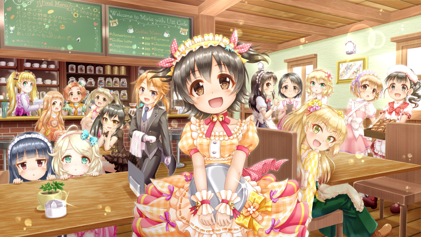 6+girls :d :o akagi_miria apron arm_support bangs bell black_dress black_hair black_hairband black_jacket black_pants blonde_hair blue_bow blue_neckwear blush boots bow bread brick_wall brown_bow brown_dress brown_eyes brown_footwear brown_hair chair character_name clipboard closed_mouth collared_shirt commentary_request cross-laced_footwear cup day diagonal_stripes dress dress_shirt eyebrows_visible_through_hair food formal frilled_apron frilled_hairband frills fukuyama_mai glint gloves green_dress green_eyes green_hakama grey_vest hair_between_eyes hair_bow hairband hakama hand_to_own_mouth hand_up highres holding holding_tray ichihara_nina idolmaster idolmaster_cinderella_girls idolmaster_cinderella_girls_starlight_stage index_finger_raised indoors jacket japanese_clothes jingle_bell jougasaki_rika kimono koga_koharu lace-up_boots layered_dress long_hair low_ponytail maid_apron maid_headdress mary_cochran matoba_risa multiple_girls necktie open_clothes open_jacket open_mouth pants pantyhose parted_lips peeking_out pink_dress plaid plaid_dress plant pleated_dress ponytail profile puffy_short_sleeves puffy_sleeves purple_bow red_eyes regular_mow ribbon-trimmed_apron ribbon_trim ryuuzaki_kaoru sajou_yukimi sakurai_momoka sasaki_chie shirt short_hair short_sleeves sitting sleeveless sleeveless_dress smile standing striped striped_legwear suit sunlight swept_bangs table tachibana_arisu towel towel_on_arm translation_request tray twintails two_side_up uniform very_long_hair vest wa_maid waist_apron waitress white_apron white_gloves white_shirt window wrist_cuffs yagasuri yokoyama_chika yuuki_haru