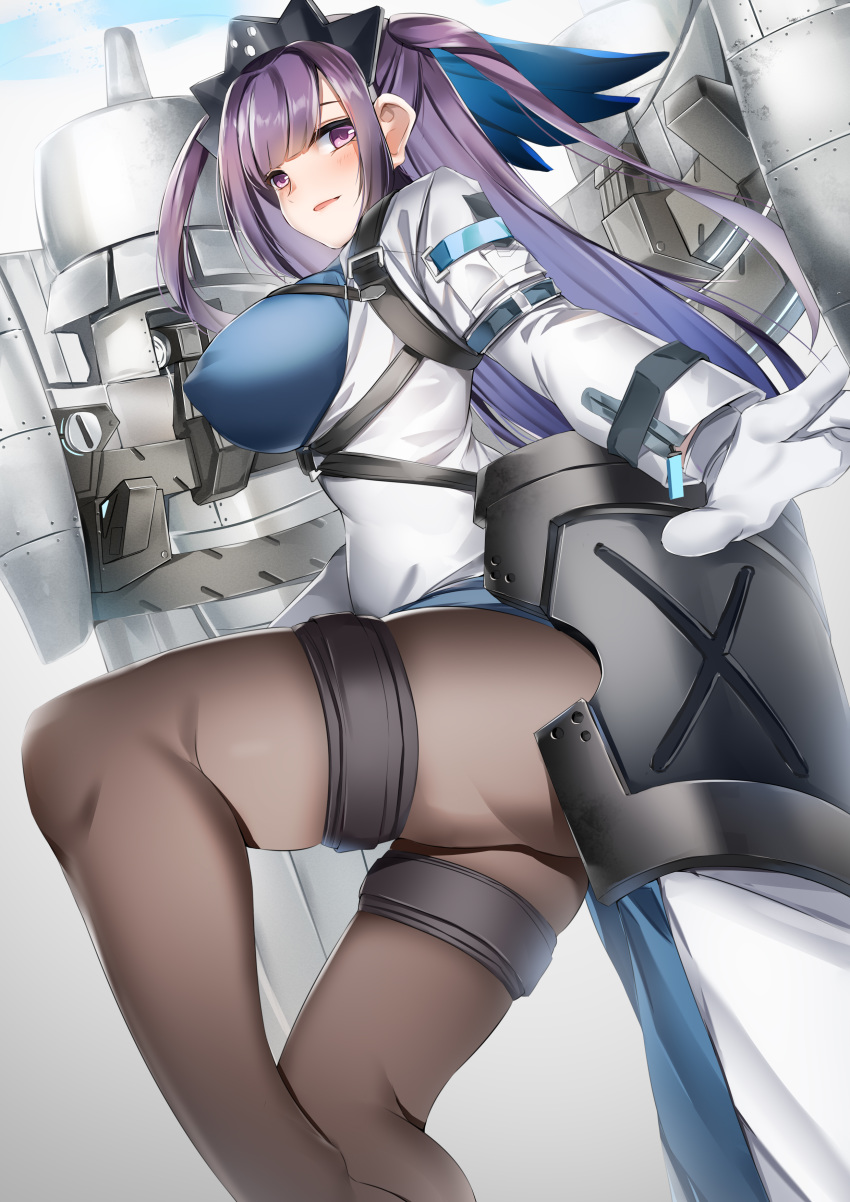 1girl absurdres ash_arms b-24_liberator black_legwear blush bodysuit bow breasts crown dress gloves hair_bow hair_ribbon highres large_breasts long_hair looking_at_viewer lubikaya1 open_mouth purple_eyes purple_hair ribbon smile solo strap strapless strapless_dress tagme thighhighs white_gloves