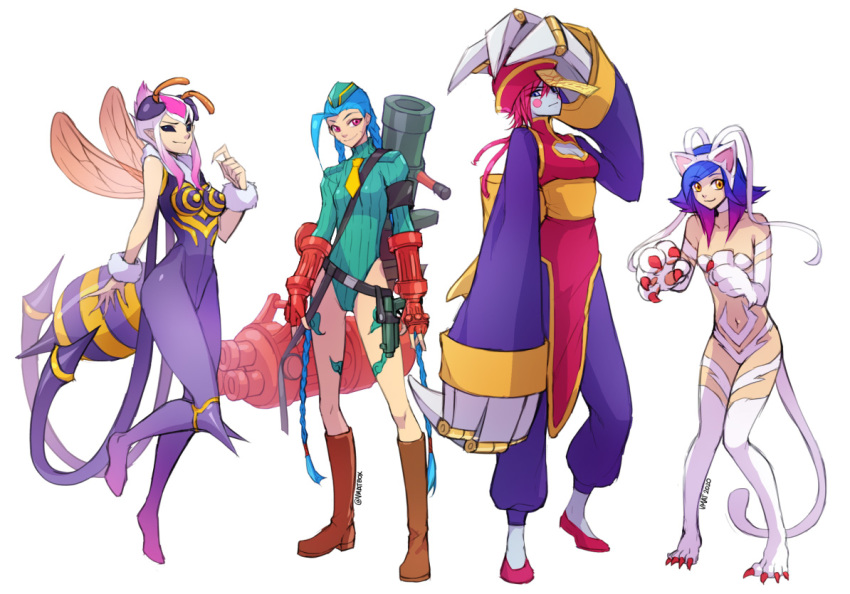 4girls bee_girl cammy_white cammy_white_(cosplay) cat_girl claws cosplay english_commentary evelynn felicia felicia_(cosplay) full_body gatling_gun insect_girl jinx_(league_of_legends) league_of_legends lei_lei lei_lei_(cosplay) minigun multiple_girls neeko_(league_of_legends) q-bee q-bee_(cosplay) rocket_launcher street_fighter vampire_(game) vi_(league_of_legends) vmat weapon