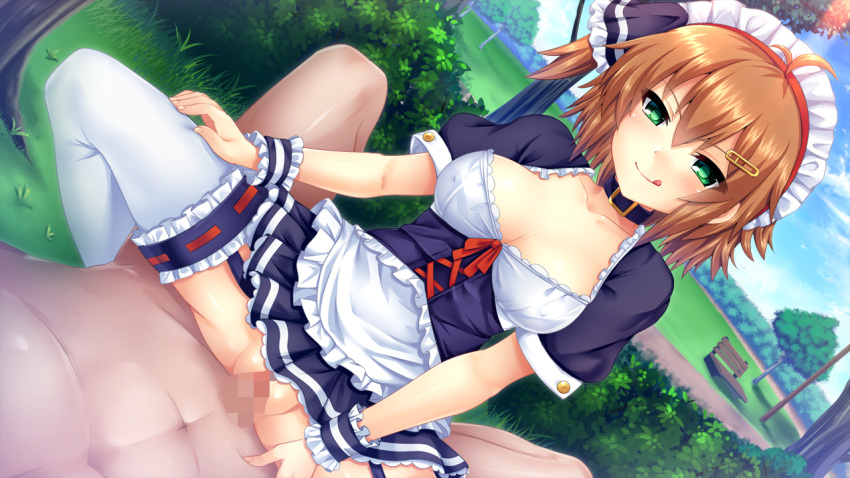 1boy 1girl :q ahoge alternate_costume apron bangs blush breasts brown_hair bush censored clothed_female_nude_male clothed_sex collar collarbone covered_nipples cowgirl_position day dress dutch_angle enmaided frilled_apron frills game_cg garter_straps genei_no_ghost_building grass green_hair hair_between_eyes hair_ornament hairclip light_rays maid maid_apron maid_dress maid_headdress medium_breasts mosaic_censoring navy_blue_dress nude official_art one_side_up outdoors public pussy samoore sex shiina_akari short_dress short_hair short_sleeves sidelocks smile solo_focus spread_legs straddling sunbeam sunlight thighhighs thighs tongue tongue_out white_apron white_legwear wristband