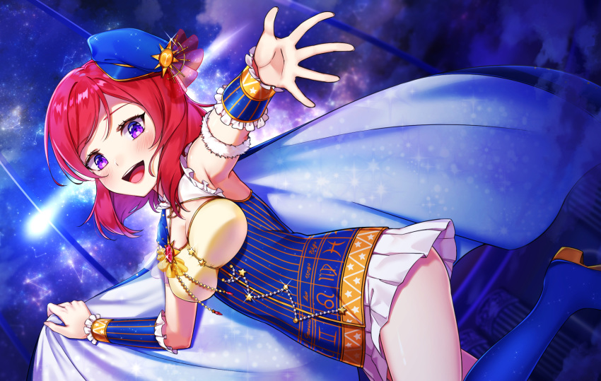 1girl :d arm_warmers armpits blue_cape blue_footwear blue_headwear blush boots breasts cape cleavage commentary_request constellation frills hachinatsu highres jewelry knee_boots looking_at_viewer love_live! love_live!_school_idol_festival love_live!_school_idol_project medium_breasts miniskirt night night_sky nishikino_maki open_mouth outstretched_hand purple_eyes red_hair shirt short_hair skirt sky smile solo star_(sky) starry_sky striped underbust vertical_stripes white_shirt zodiac