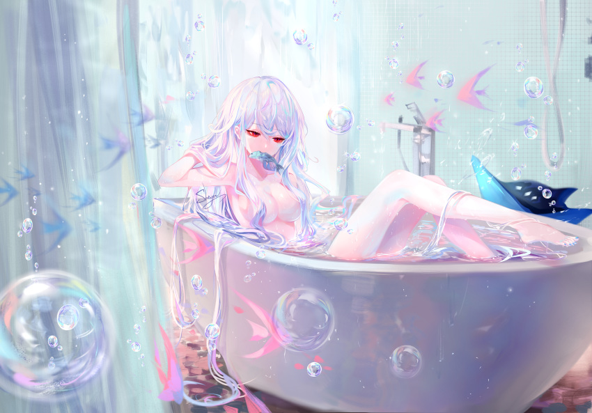 arknights bath bathtub bubbles long_hair nude red_eyes sheya skadi_(arknights)