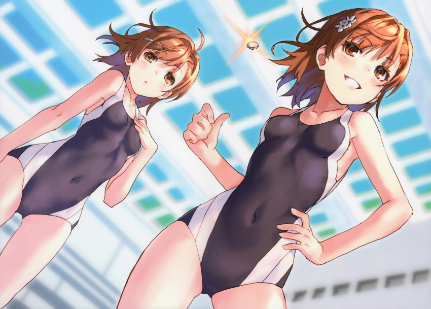 2girls :o absurdres ahoge bangs bare_arms bare_shoulders black_swimsuit breasts brown_eyes brown_hair coin competition_swimsuit covered_navel dutch_angle eyebrows_visible_through_hair flower grin hair_flower hair_ornament hairclip hand_on_hip hand_on_own_chest hand_up highres huge_filesize misaka_imouto misaka_mikoto multiple_girls one-piece_swimsuit parted_lips raika9 scan small_breasts smile stitched swimsuit third-party_edit to_aru_kagaku_no_railgun to_aru_majutsu_no_index twitter_username white_flower