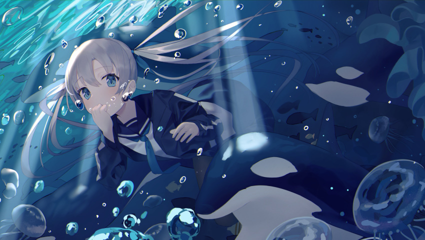 bubbles idemitsu original school_uniform underwater water