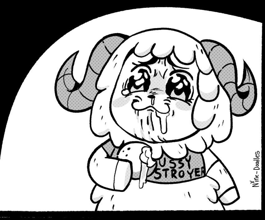 animal_crossing anthro bodily_fluids bovid caprine clothing crying dom_(animal_crossing) horn lemon male mammal meme monochrome nine-doodles nintendo pop_team_epic sheep shirt solo tears topwear video_games watery_eyes wool_(disambiguation)