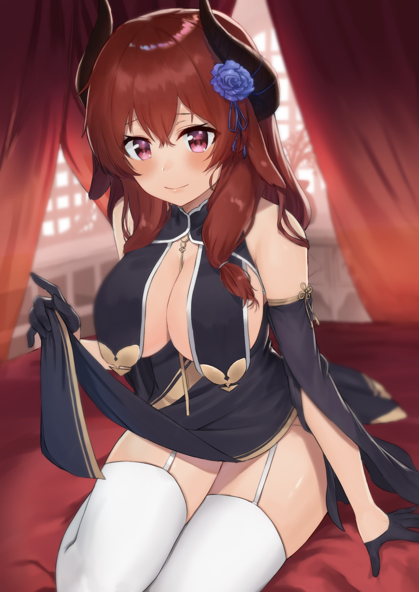 1girl absurdres bare_shoulders black_dress black_gloves blue_flower blurry breast_curtains breasts china_dress chinese_clothes cleavage cosplay curtains depth_of_field detached_sleeves dress flower garter_straps gloves hair_flower hair_ornament half_gloves highres horns jjeono large_breasts long_hair looking_at_viewer original pelvic_curtain red_eyes red_hair sirius_(azur_lane) sirius_(azur_lane)_(cosplay) sirius_(azure_horizons)_(azur_lane) sitting smile solo thighhighs thighs white_legwear wide_sleeves