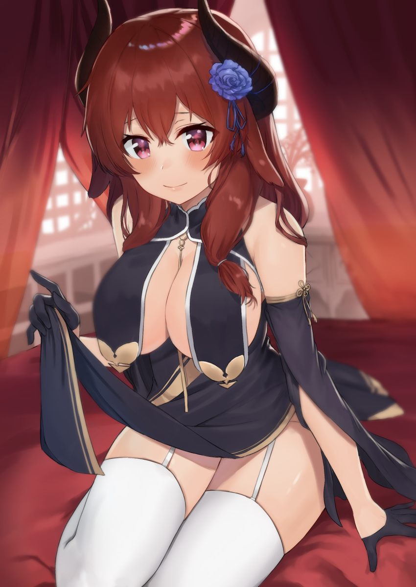 1girl absurdres bare_shoulders black_dress black_gloves blue_flower blurry breast_curtains breasts china_dress chinese_clothes cleavage commission cosplay curtains depth_of_field detached_sleeves dress flower garter_straps gloves hair_flower hair_ornament half_gloves highres horns jjeono large_breasts long_hair looking_at_viewer original pelvic_curtain red_eyes red_hair sirius_(azur_lane) sirius_(azur_lane)_(cosplay) sirius_(azure_horizons)_(azur_lane) sitting smile solo thighhighs thighs white_legwear wide_sleeves