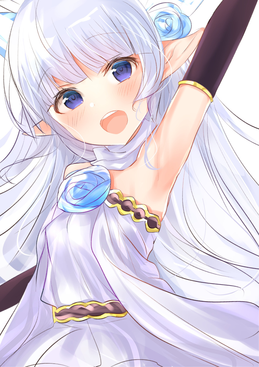 1girl absurdres arm_up armpits bangs bare_shoulders black_sleeves blue_eyes blue_flower blue_rose blush breasts detached_sleeves dress eyebrows_visible_through_hair flower granblue_fantasy highres lily_(granblue_fantasy) long_hair looking_at_viewer natsu_(sinker8c) open_mouth pointy_ears rose silver_hair simple_background sleeveless sleeveless_dress small_breasts solo upper_teeth very_long_hair white_background white_dress