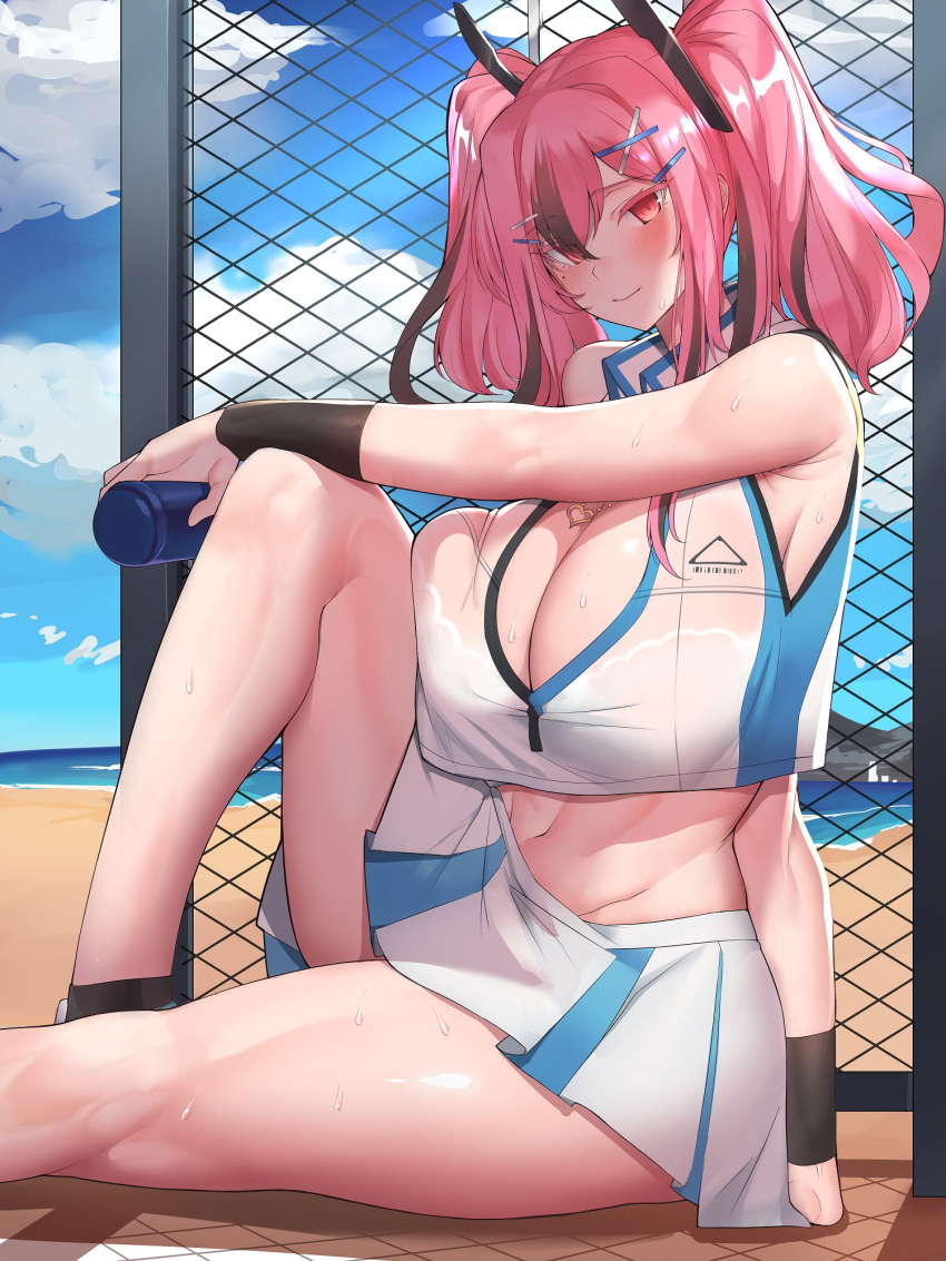 1girl azur_lane bangs bare_shoulders bow breast_press breasts bremerton_(azur_lane) bremerton_(scorching-hot_training)_(azur_lane) chain-link_fence commentary crop_top crop_top_overhang eyebrows_visible_through_hair fence grey_hair hair_between_eyes hair_bow hair_ornament hairclip heart heart_necklace highres k_jin large_breasts long_hair multicolored_hair pink_hair sitting smile sportswear streaked_hair tennis_uniform twintails two-tone_hair two-tone_shirt two-tone_skirt x_hair_ornament