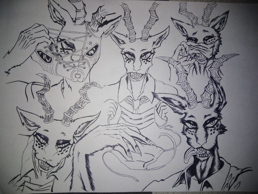 4:3 absurd_res antelope anthro beastars bovid clothing collared_shirt dark_eyes eyes_closed eyeshadow felid fur gazelle gimp_mask hi_res horn hybrid leopard long_tongue looking_at_viewer makeup male mammal mask medical_instrument melon_(beastars) monochrome multiple_poses necktie open_mouth pantherine pose scientific_instrument slit_pupils solo spots spotted_body spotted_fur surgical_mask tearing_clothing tongue tongue_out torn_clothing undressing whittak