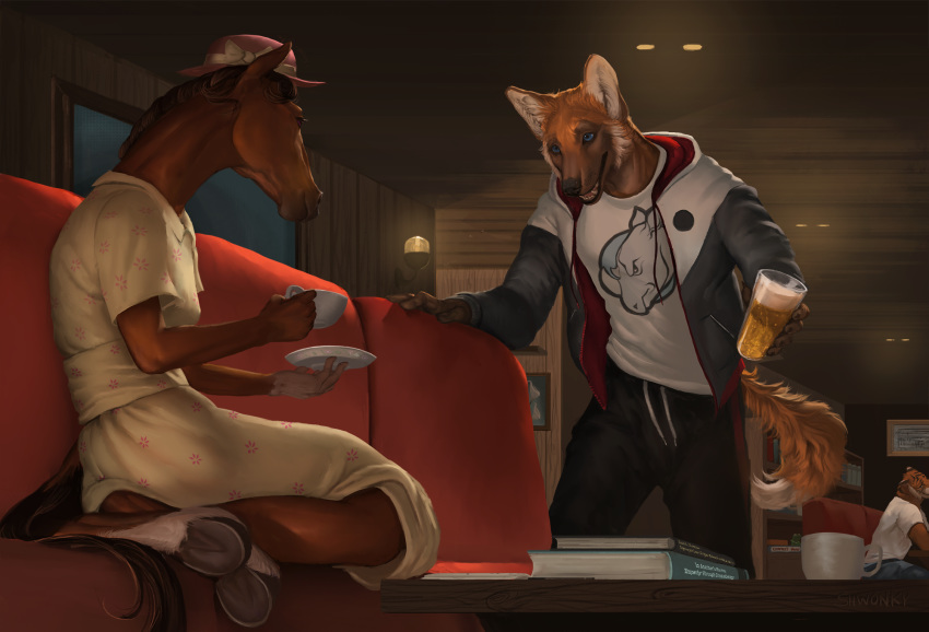 5_fingers anthro black_nose blue_eyes brown_body brown_fur canid canine canis clothed clothing domestic_dog equid equine felid female fingers fur group hi_res hooves horse male mammal open_mouth pantherine shwonky sitting smile teeth tiger tongue