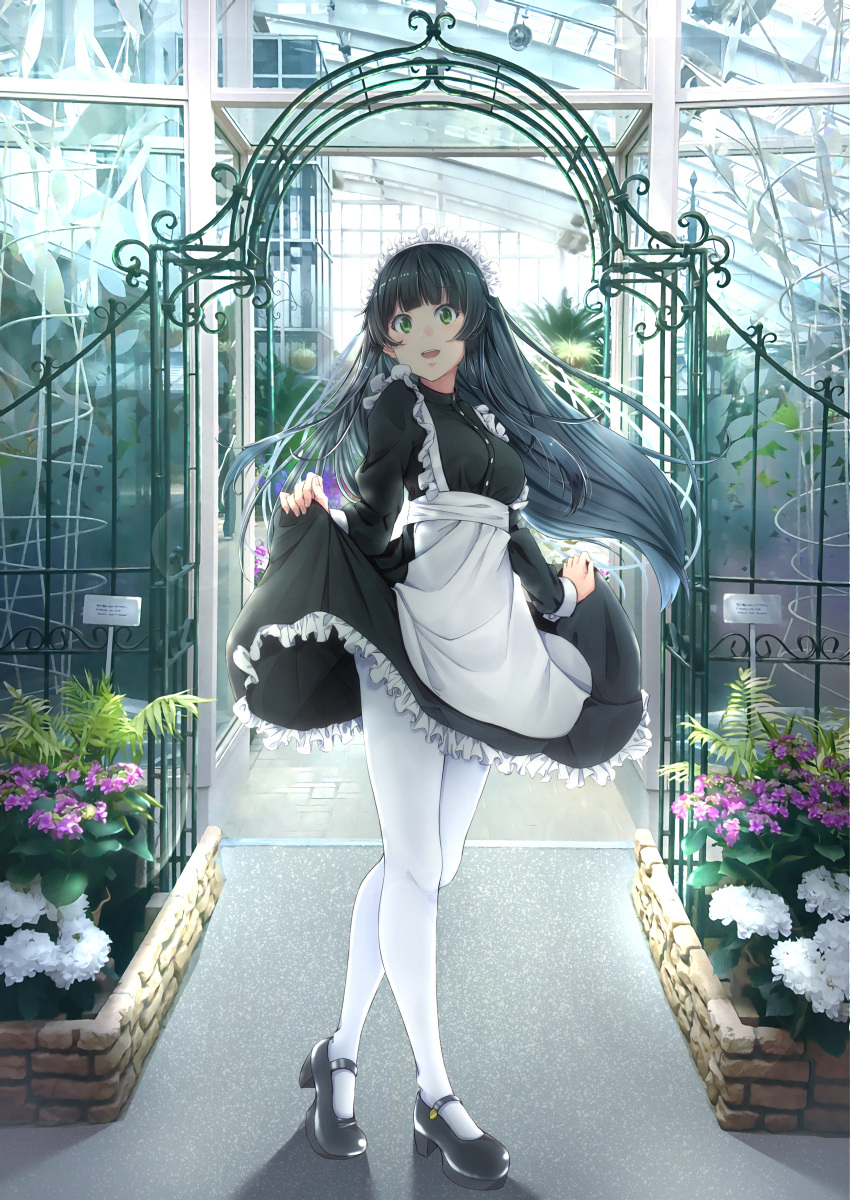 1girl absurdres alternate_costume apron art_deco breasts buttons crossed_legs dress dress_lift enmaided fingernails flower flying_witch frilled_apron frilled_skirt frills full_body green_hair greenhouse haru_(we_are_wind) highres huge_filesize kowata_makoto legs lifted_by_self long_dress long_hair long_sleeves looking_at_viewer maid maid_apron maid_headdress mary_janes medium_breasts pantyhose puffy_long_sleeves puffy_sleeves shoes skirt skirt_hold smile solo standing thighs underbust watson_cross white_apron white_legwear