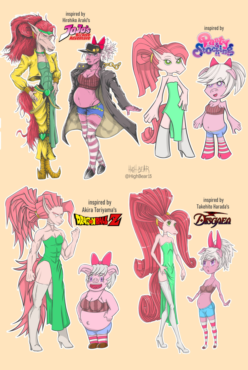 absurd_res accessory animal_humanoid anthro boots bragon_ball clothing different_artstyle different_styles disgaea disgaea_5 domestic_pig dragon_ball dragon_ball_z dress emelie english_text equid equine female feral footwear green_eyes group hair hair_accessory hair_bow hair_ribbon hi_res high-bear high_heels hooves horse humanoid jojo's_bizarre_adventure legwear light long_hair male mammal mammal_humanoid nila nila_(cyancapsule) panty_and_stocking_with_garterbelt pig_nose pigtails pink_body purple_eyes red_hair ribbons shoes shots stockings suid suina sus_(pig) text video_games years