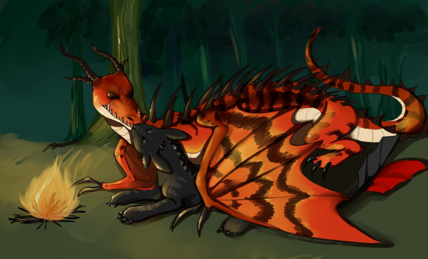 claws dragon dreamworks eyes_closed feral fire fireplace forest heat_(temperature) hookfang_(httyd) horn how_to_train_your_dragon kissing legs_together lying lying_on_ground male male/male monstrous_nightmare night_fury on_front on_side scalie toothless_(httyd) tree unknown_artist western_dragon wings