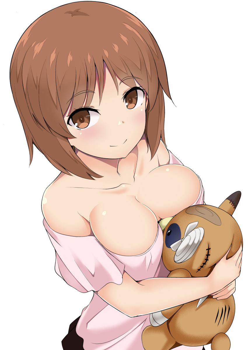 1girl bandages bandaid bangs bare_shoulders blush boko_(girls_und_panzer) breasts brown_eyes brown_hair casual cleavage closed_mouth collarbone commentary eyebrows_visible_through_hair girls_und_panzer highres holding holding_stuffed_animal kuku123 looking_at_viewer medium_breasts nishizumi_miho object_hug off-shoulder_shirt off_shoulder pink_shirt shirt short_hair short_sleeves simple_background smile solo stuffed_animal stuffed_toy teddy_bear upper_body white_background