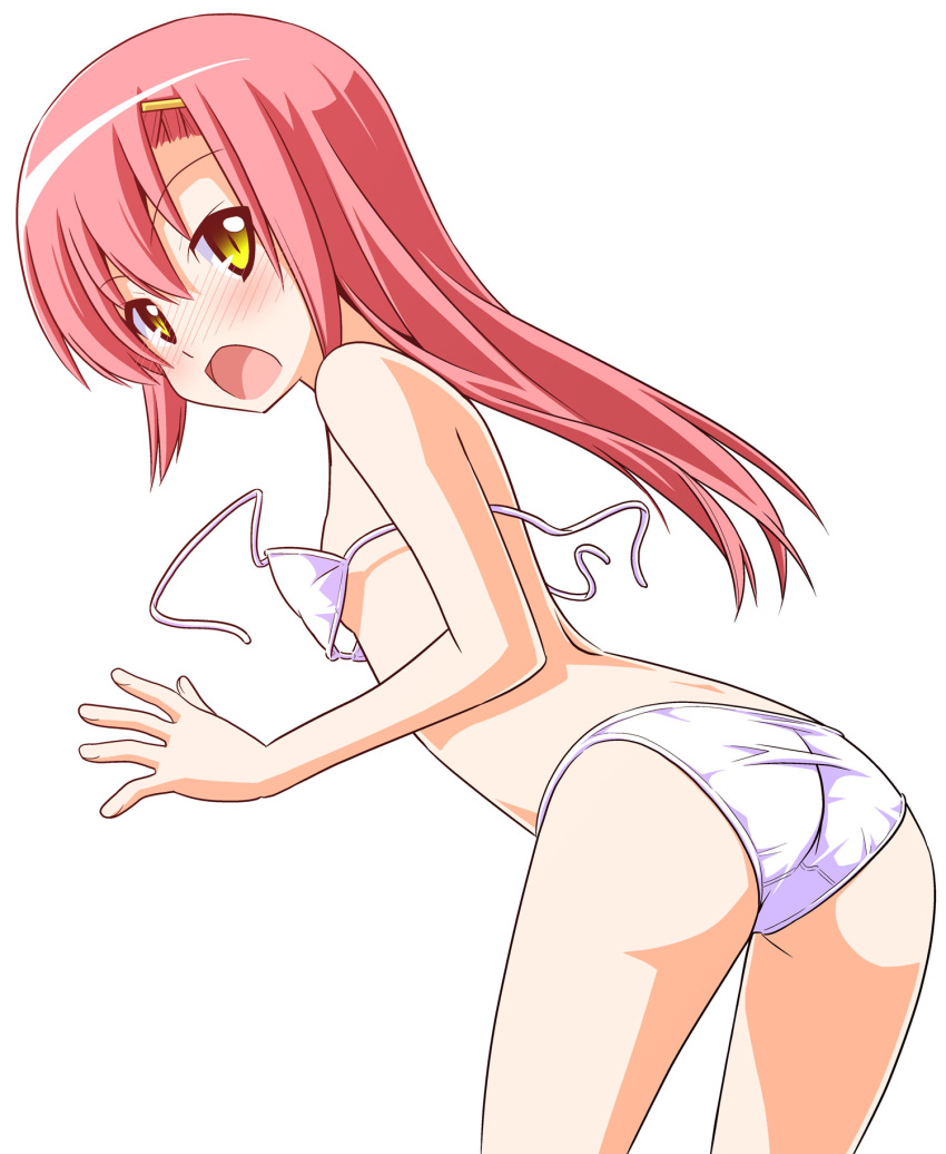 1girl ass bikini blush breasts commentary_request flat_chest hata_kenjirou hayate_no_gotoku! highres katsura_hinagiku looking_at_viewer open_mouth pink_hair simple_background small_breasts solo swimsuit untied untied_bikini white_background white_bikini