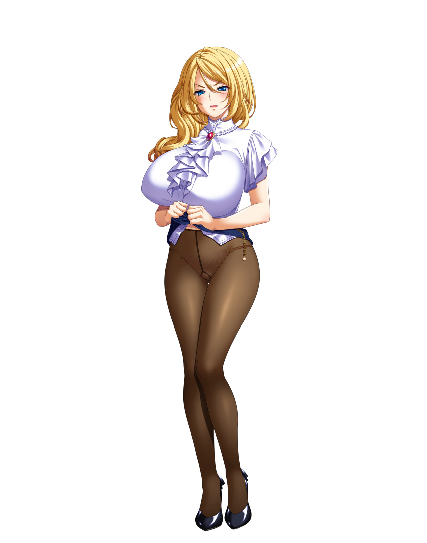 1girl absurdres aikawa_arisa blonde_hair blue_eyes blush breasts brooch frown full_body gusset highres huge_breasts jewelry lifted_by_self long_hair panties panties_under_pantyhose pantyhose skirt skirt_lift solo transparent_background underwear