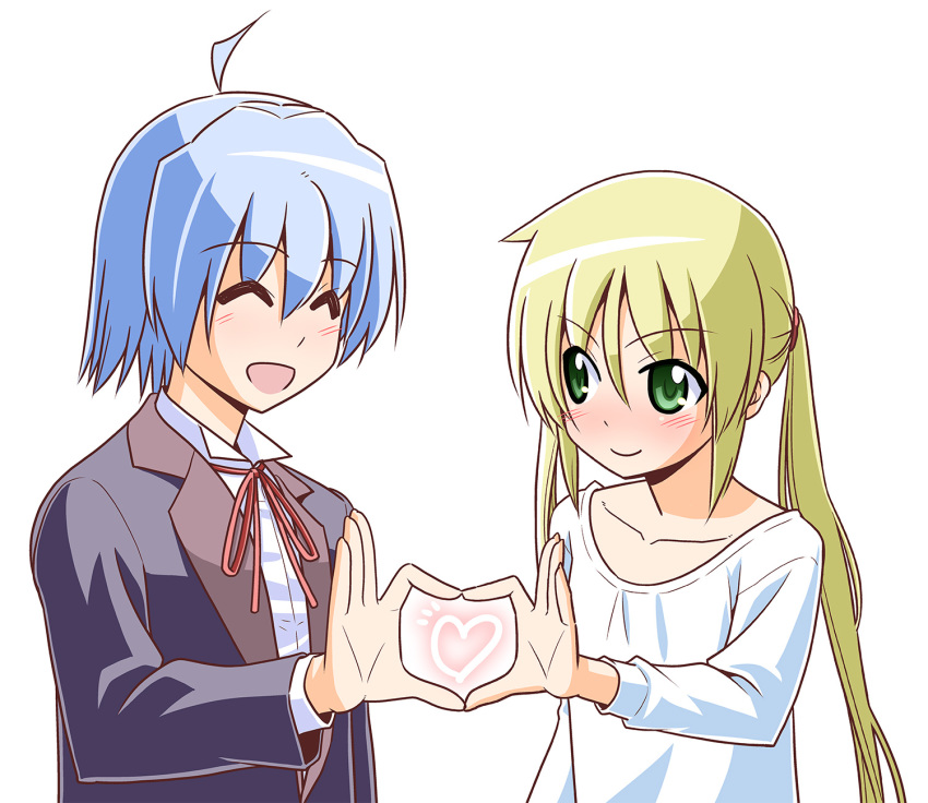 1boy 1girl ayasaki_hayate blonde_hair blue_hair blush butler closed_eyes commentary_request formal green_eyes hata_kenjirou hayate_no_gotoku! heart heart_hands heart_hands_duo highres long_hair looking_at_another sanzen'in_nagi shirt simple_background smile string_tie suit twintails white_background white_shirt