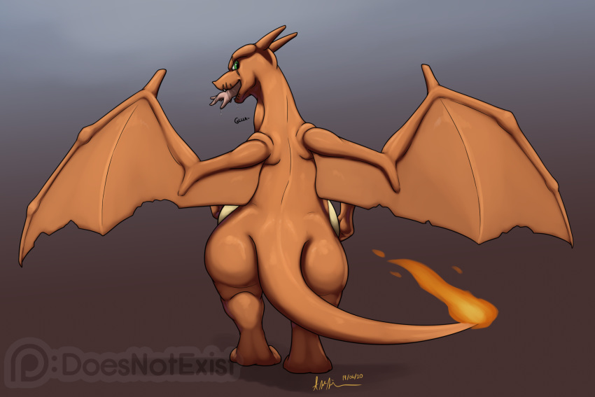 abdominal_bulge ambiguous_gender bodily_fluids butt charizard digital_media_(artwork) drooling duo fangs feral fire flaming_tail gradient_background green_eyes hi_res human looking_at_viewer looking_back male male_pred mammal membrane_(anatomy) membranous_wings neck_bulge nintendo orange_body orange_scales pok&eacute;mon pok&eacute;mon_(species) saliva scales scalie scar signature simple_background smile solo_focus spread_wings standing swallowing theandymac video_games vore watermark wings