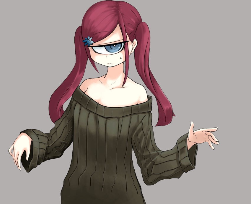 1girl bare_shoulders blue_eyes closed_mouth cyclops dress grey_background grey_sweater hair_ornament highres kuronyankokko long_hair long_sleeves looking_at_viewer off-shoulder_sweater off_shoulder one-eyed original red_hair simple_background solo sweatdrop sweater sweater_dress twintails upper_body wavy_mouth