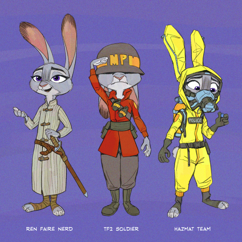 1:1 2020 anthro armor clothed clothing disney english_text fully_clothed fur gesture grey_body grey_fur hazmat_suit headgear helmet hi_res holding_object judy_hopps lagomorph leporid mammal melee_weapon multiple_poses pose purple_background purple_eyes rabbit salute samur_shalem simple_background soldier_(team_fortress_2) solo standing sword team_fortress_2 text valve video_games weapon zootopia