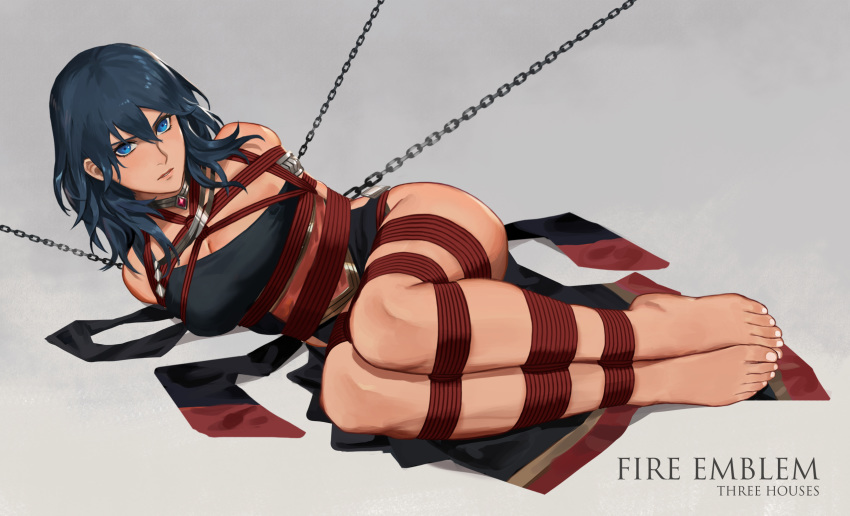 barefoot bdsm blue_eyes bondage bound byleth_(fire_emblem) byleth_(fire_emblem)_(female) chain chained feet fire_emblem fire_emblem_heroes garreg_mach_monastery_uniform highres kidnapped medium_hair rainnear ribbon_braid rope shibari