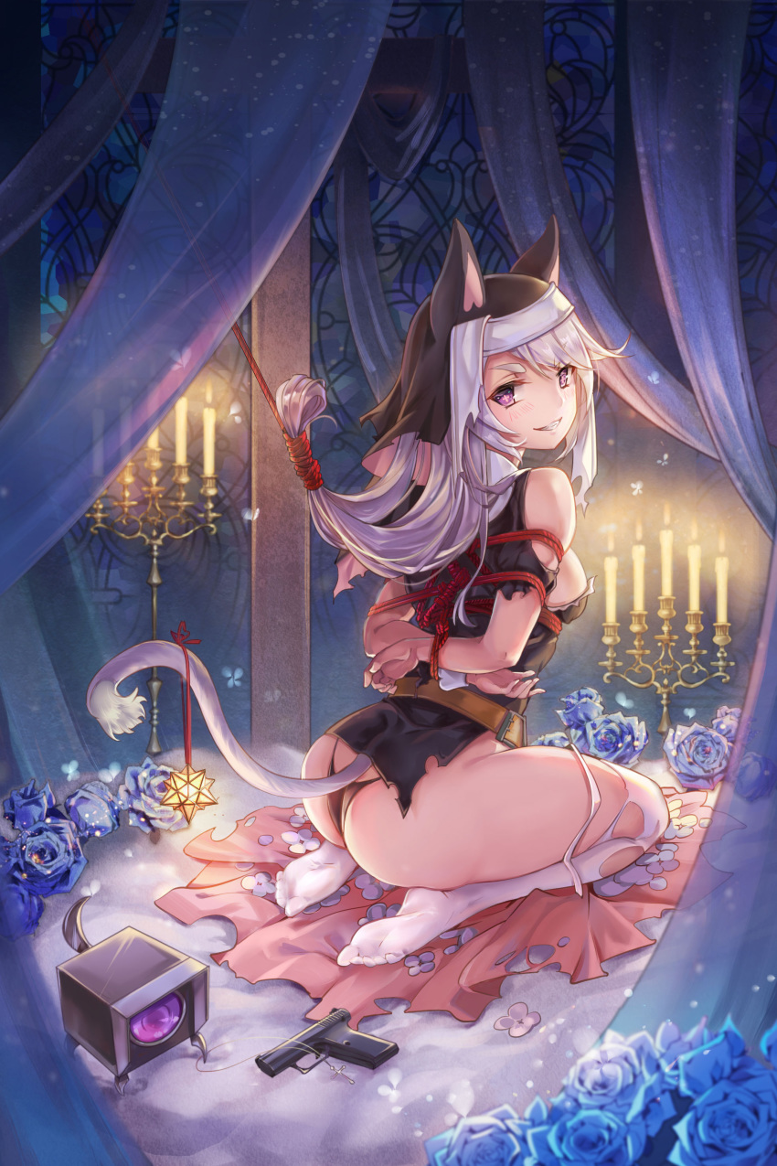 animal_ears ass bondage death-the-cat gun nekomimi no_bra pantsu tail thighhighs torn_clothes