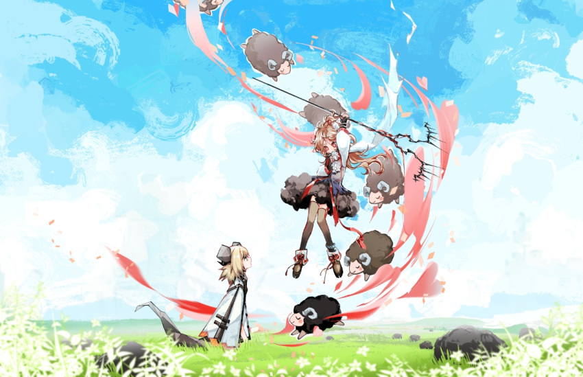 2girls animal_ears arknights arms_up black_footwear black_legwear blonde_hair blue_sky brown_hair chinese_commentary cloak cloud cloudy_sky day demon_horns demon_tail dress english_commentary eyjafjalla_(arknights) field floating flower from_side full_body gas_mask grass horns ifrit_(arknights) koli_(ssssoliko) long_hair looking_at_another mask_around_neck medium_hair mixed-language_commentary multiple_girls open_mouth outdoors platform_footwear profile red_eyes sheep sheep_ears sheep_horns short_dress sky staff standing tail thighhighs thighs white_cloak white_dress wool zettai_ryouiki