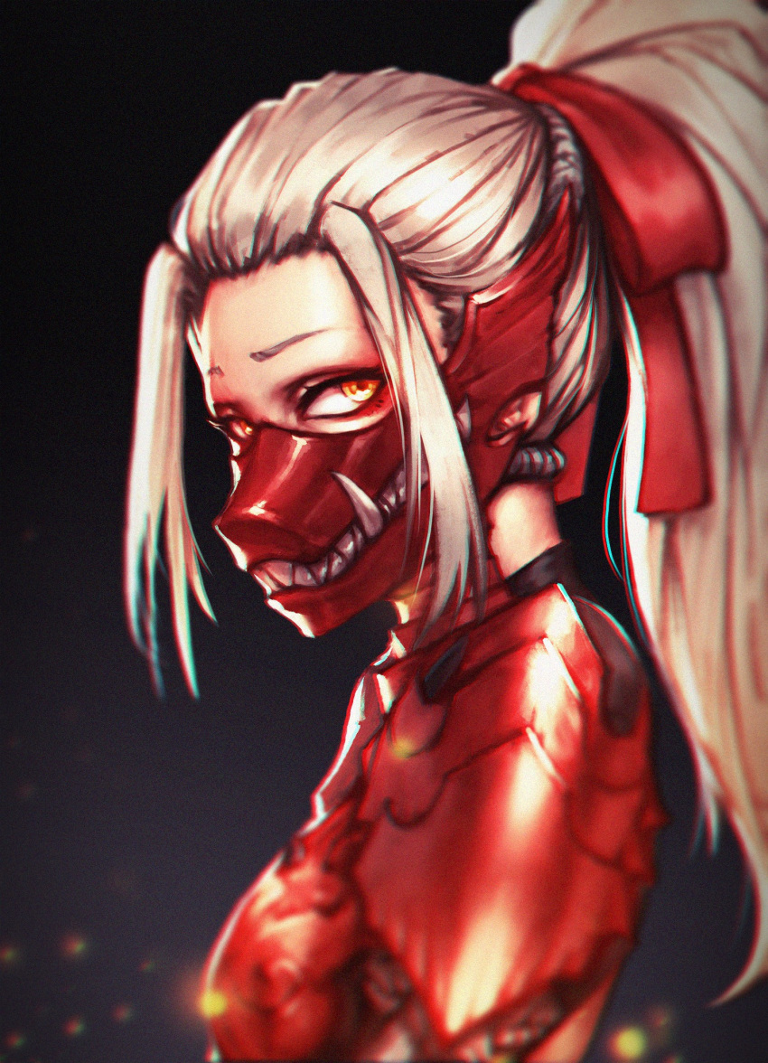 1girl breastplate covered_mouth forehead hair_pulled_back hair_ribbon highres jin_grey_paladin long_hair looking_at_viewer mask monster_hunter monster_hunter:_world odogaron_(armor) pauldrons plate_armor ponytail portrait red_ribbon ribbon silver_hair yellow_eyes