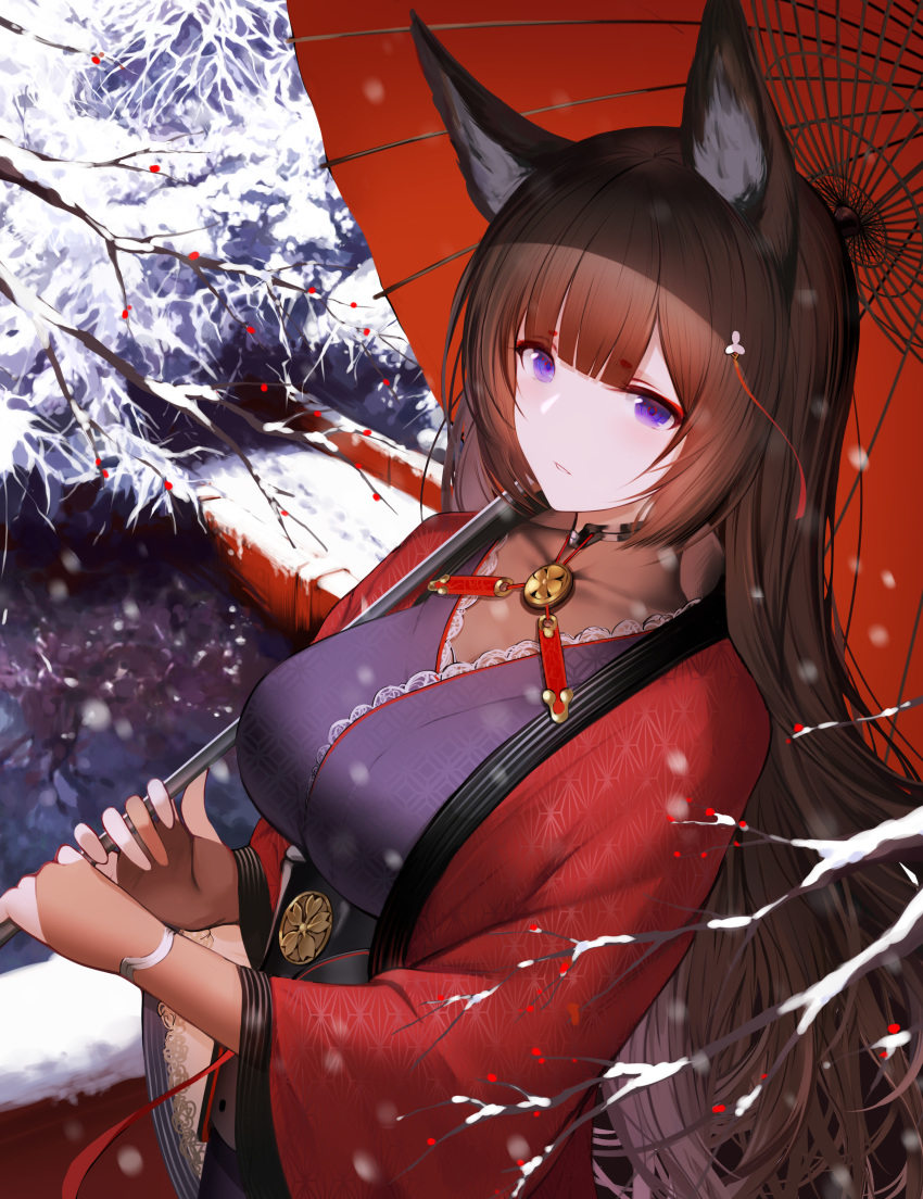 amagi_(azur_lane) animal_ears artist_revision azur_lane higandgk japanese_clothes umbrella