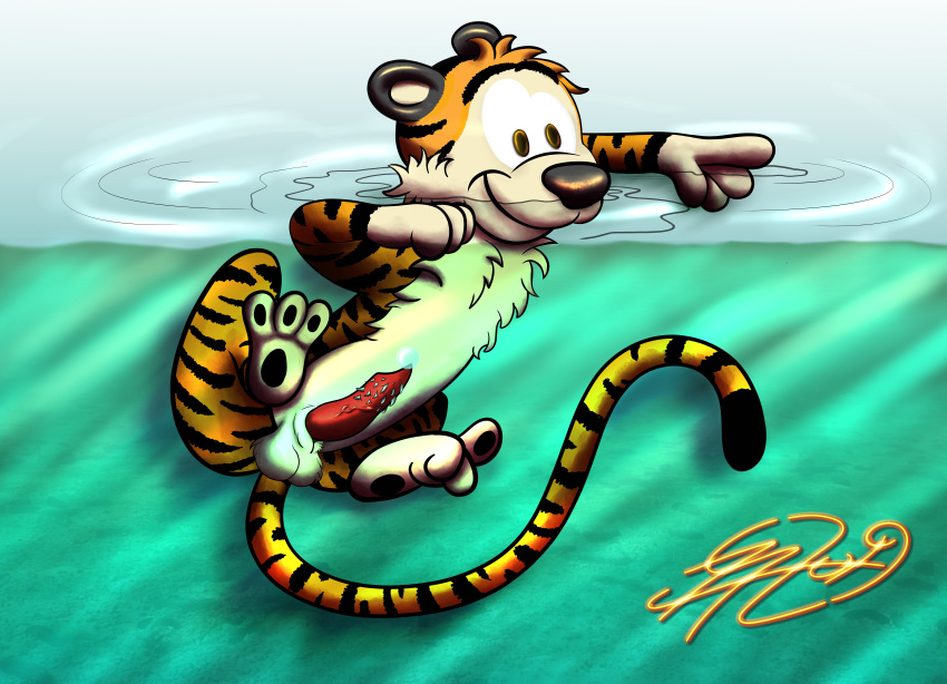 absurd_res calvin_and_hobbes felid feral genitals hi_res hobbes lobofeo male mammal muscular pantherine penile_spines penis pinup pose smile solo tiger water