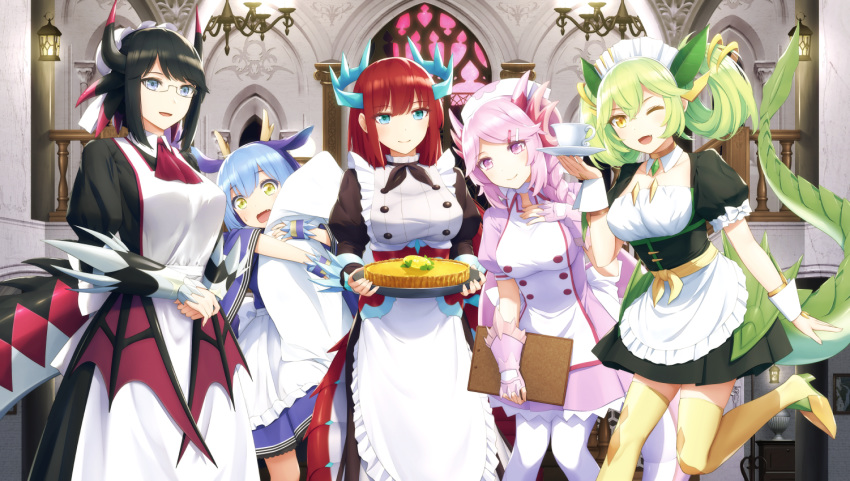 5girls :d ;d animal_ears apron ascot back_bow bangs black_dress black_hair black_horns black_tail blue_eyes blue_hair blue_horns blue_kimono blush bow braid breasts brown_choker brown_neckwear bun_cover buttons cake chandelier choker clipboard collarbone collared_dress commentary_request cowboy_shot cup detached_collar dragon_ears dragon_girl dragon_horns dragon_tail dragon_wings dragonmaid_hausky dragonmaid_laudry dragonmaid_nasary dragonmaid_parla dragonmaid_tillroo dress duel_monster eyebrows_visible_through_hair fang food frilled_apron frills gauntlets glasses green_hair green_horns green_sash green_tail green_wings hair_between_eyes hair_bun hair_ornament hair_over_shoulder hair_rings hairclip hand_on_own_chest haribote_(tarao) hat high_heels holding holding_clipboard holding_plate holding_sheet holding_tray horns indoors japanese_clothes kimono knees_together_feet_apart lantern large_breasts long_dress long_hair long_sleeves looking_at_viewer maid maid_apron maid_dress maid_headdress mansion multicolored_hair multiple_girls neckerchief nurse_cap one_eye_closed open_mouth own_hands_together pantyhose pink_dress pink_eyes pink_hair pink_horns pink_wings plate puffy_long_sleeves puffy_short_sleeves puffy_sleeves railing red_hair red_neckwear red_tail sash short_dress short_kimono short_sleeves sidelocks single_braid smile stained_glass stairs standing standing_on_one_leg sweatdrop tail teacup thighhighs tray two-tone_hair wa_maid waist_apron white_apron white_legwear wide_sleeves wings wrist_cuffs yellow_eyes yellow_horns yellow_legwear yuu-gi-ou zettai_ryouiki