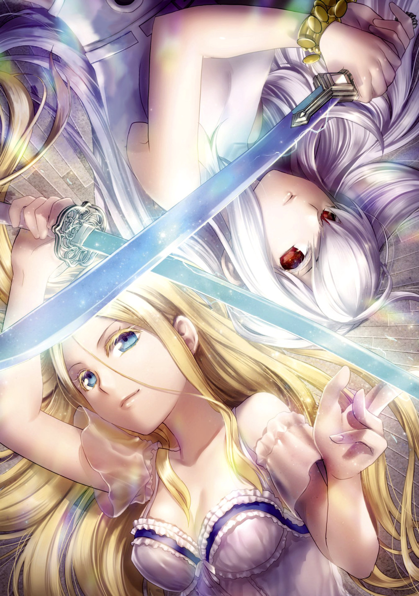 2girls aqua_eyes blade blonde_hair blue_eyes claire_(rain) cover cover_image cover_page duel edited energy energy_sword glaring glowing glowing_weapon gun hand_on_hilt hands_on_hilt highres holding holding_sword holding_weapon katana lietus long_hair looking_at_viewer michelle multiple_girls rain_(sumikawa_megumi) red_eyes shelfa_(sumikawa_megumi) sword third-party_edit weapon white_hair