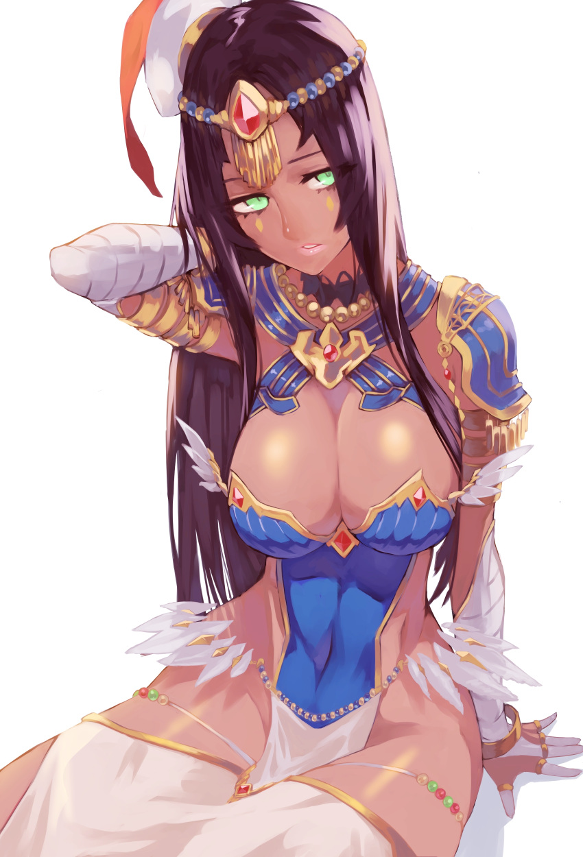 1girl absurdres arm_behind_head arm_wrap armlet bandaged_arm bandages bangs black_hair blue_armor bracelet breastplate breasts bridal_gauntlets chorogon circlet cleavage collar covered_navel dark_skin facial_mark fate/grand_order fate_(series) feathers forehead_jewel green_eyes hat highres jewelry large_breasts long_hair looking_at_viewer metal_collar parted_bangs parted_lips pauldrons pelvic_curtain ring scheherazade_(fate/grand_order) simple_background sitting solo thighs thumb_ring white_background