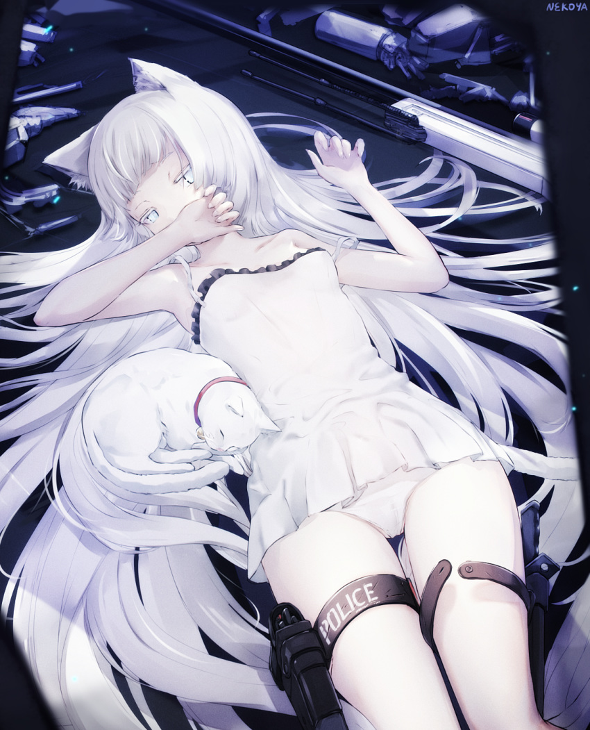 1girl ai_arctic_warfare animal animal_ear_fluff animal_ears awp_(girls_frontline)_(dyolf) bangs bare_arms bare_shoulders blue_eyes bolt_action breasts cameltoe cat cat_ears colored_eyelashes commentary_request dress dyolf frilled_dress frills girls_frontline gun highres holster long_hair looking_at_viewer lying on_back original panties rifle signature sleeveless sleeveless_dress small_breasts sniper_rifle sniper_scope solo strap_slip thigh_holster underwear very_long_hair weapon white_cat white_dress white_hair white_panties
