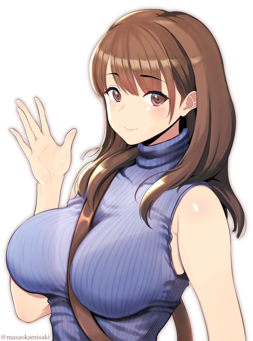 1girl absurdres anegasaki_nene bag bangs between_breasts blue_sweater blush breasts brown_hair closed_mouth commentary_request eyebrows_visible_through_hair hand_up highres large_breasts long_hair looking_at_viewer love_plus masaoka_misaki mole mole_under_eye purple_eyes shoulder_bag sleeveless sleeveless_turtleneck smile solo strap_between_breasts sweater turtleneck turtleneck_sweater twitter_username upper_body waving