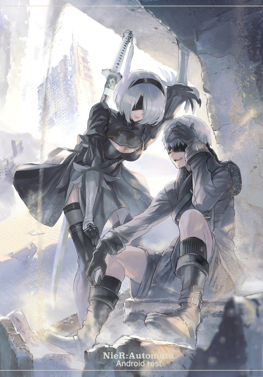 1boy 1girl arm_up black_blindfold black_footwear black_gloves black_hairband black_legwear black_shorts blindfold breasts building cleavage cleavage_cutout closed_mouth crack english_text feather_trim gloves hairband highres katana maeshima_shigeki nier_(series) open_mouth puffy_sleeves rock rubble ruins sand short_hair shorts sitting smile socks standing sword teeth thighhighs weapon weapon_on_back white_hair yorha_no._2_type_b yorha_no._9_type_s