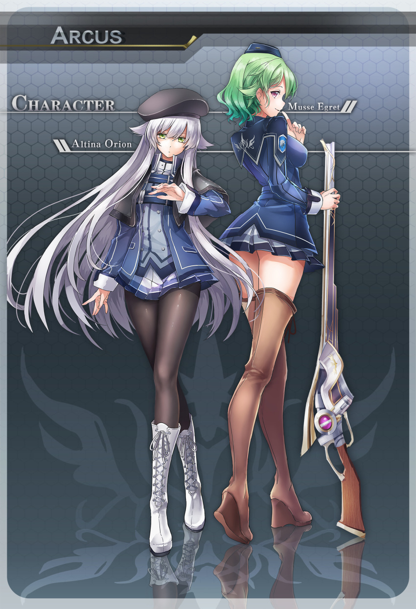 2girls altina_orion am1m back beret black_capelet black_headwear black_legwear blue_headwear blue_jacket blue_skirt boots breasts brown_footwear brown_legwear capelet character_name closed_mouth cross-laced_footwear crossed_legs eiyuu_densetsu english_text expressionless eyebrows_visible_through_hair finger_to_mouth full_body garrison_cap green_eyes green_hair gun hair_between_eyes hair_flaps hat highres jacket knee_boots long_hair long_sleeves looking_at_viewer medium_breasts miniskirt multiple_girls musse_egret pantyhose pleated_skirt purple_eyes reflection rifle sen_no_kiseki sen_no_kiseki_3 short_hair silver_hair skirt small_breasts smile standing thigh_boots thighhighs thighs uniform weapon white_footwear