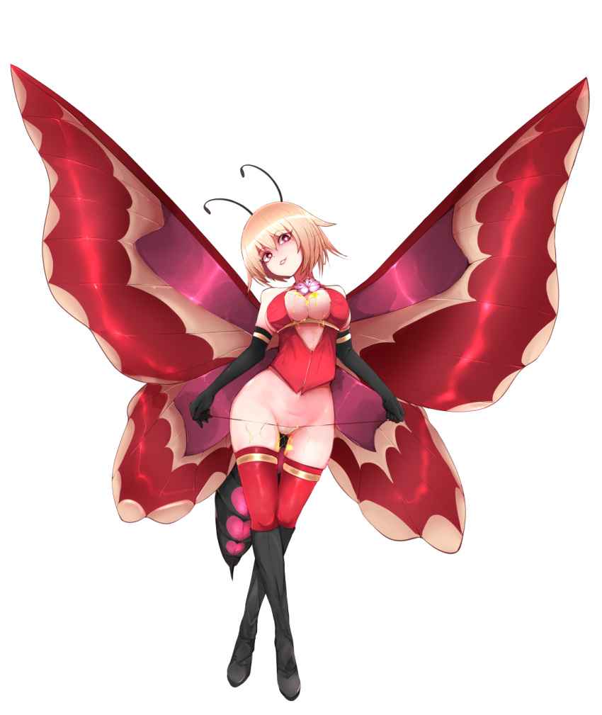 1girl antennae bare_shoulders black_gloves blonde_hair boots breasts butterfly_wings cleavage cleavage_cutout elbow_gloves flower full_body gloves head_tilt heart heart-shaped_pupils highres honey insect_girl knee_boots looking_at_viewer medium_breasts monster_girl monster_girl_encyclopedia nanostar open_mouth papillon_(monster_girl_encyclopedia) parted_lips red_eyes red_shirt red_wings shiny shiny_hair shirt short_hair simple_background sleeveless smile solo standing symbol-shaped_pupils thighhighs white_background wings