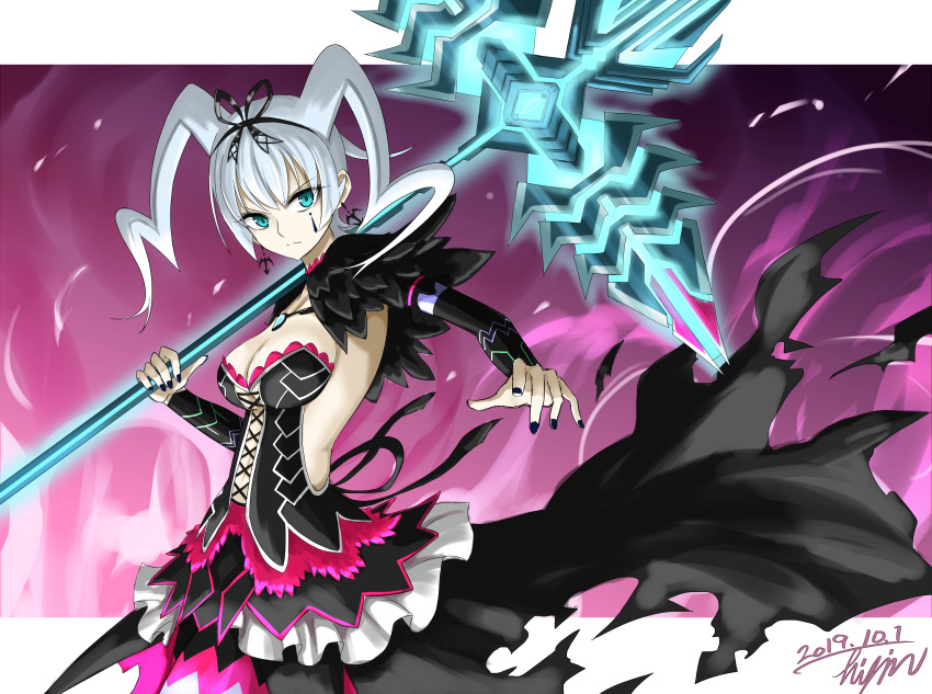 1girl 2019 absurdres black_nails blue_eyes bow breasts cleavage dress gothic hair_bow highres hisin holding holding_spear holding_weapon impossible_clothes impossible_dress large_breasts long_sleeves mei_(xenoblade) pale_skin polearm signature silver_hair solo spear twintails weapon white_hair xenoblade_(series) xenoblade_2