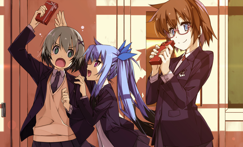 3girls arms_up bangs black_jacket black_neckwear blazer blue_eyes blue_hair blue_ribbon brown_hair closed_mouth dearche_kings_claudia dress_shirt emblem eyebrows_visible_through_hair fang frown gift glasses green_eyes grey_hair grey_shirt hair_ornament hair_ribbon highres holding holding_gift indoors jacket levi_russel long_hair long_sleeves lyrical_nanoha mahou_shoujo_lyrical_nanoha_innocent multiple_girls neck_ribbon necktie open_clothes open_jacket open_mouth private_ten'ou_middle_school_uniform purple_eyes reaching red-framed_eyewear red_ribbon ribbon school_uniform semi-rimless_eyewear shikei shirt short_hair smile stern_starks sweater twintails under-rim_eyewear v-neck white_sweater wing_collar x_hair_ornament