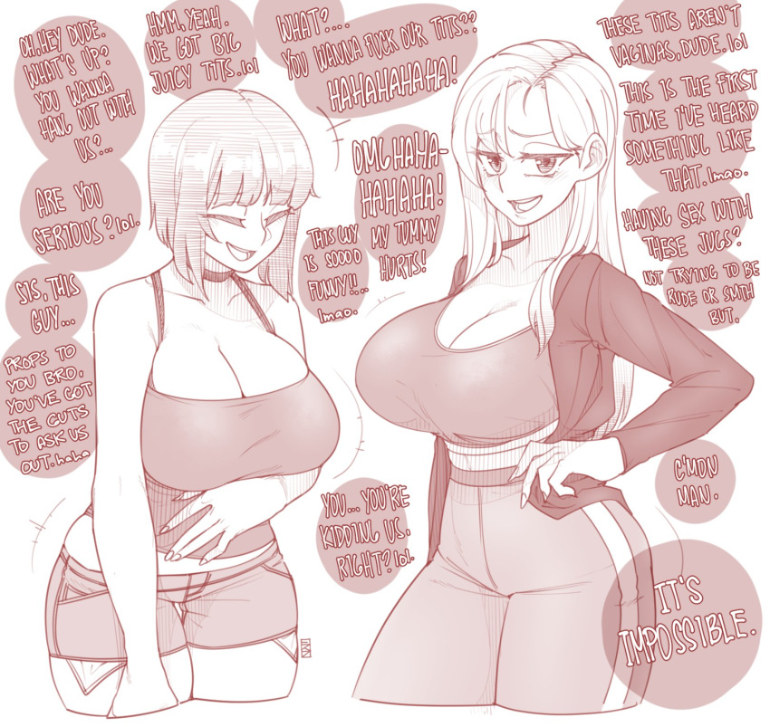 2girls :d bangs bare_shoulders breasts cardigan choker cleavage closed_eyes cowboy_shot crop_top ekz_(drawfag) english_text eyebrows_visible_through_hair highres large_breasts long_hair midriff monochrome multiple_girls open_cardigan open_clothes open_mouth original pants short_hair short_shorts shorts sidelocks smile sports_bra sweater swept_bangs talking tank_top thighs