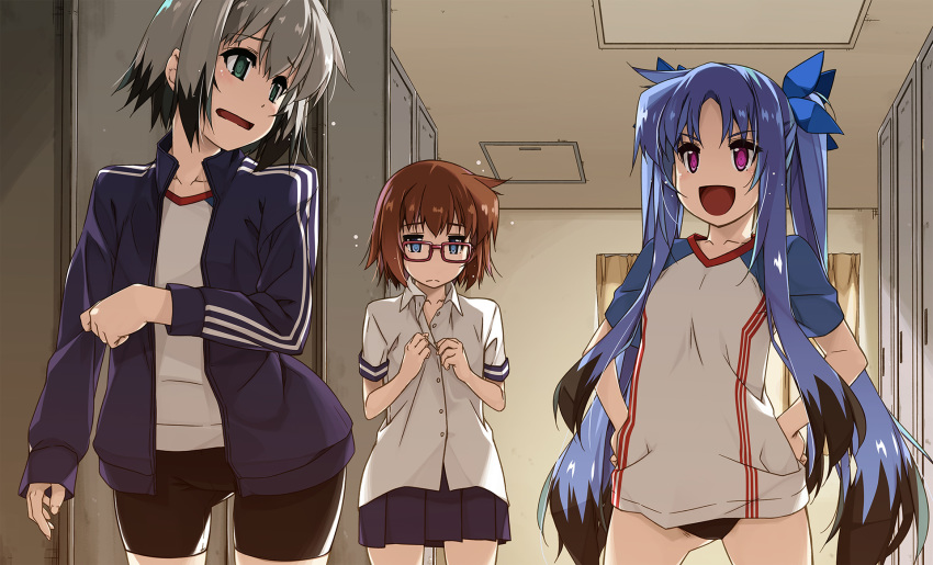 3girls :d bangs bike_shorts black_buruma black_shorts black_skirt blue_eyes blue_hair blue_jacket blue_ribbon brown_hair buruma closed_mouth commentary dearche_kings_claudia dress_shirt eyebrows_visible_through_hair frown glasses green_eyes grey_hair gym_shirt hair_ribbon hands_on_hips highres indoors jacket levi_russel locker locker_room long_hair long_sleeves looking_at_another looking_back lyrical_nanoha mahou_shoujo_lyrical_nanoha_innocent miniskirt multiple_girls open_clothes open_jacket open_mouth parted_bangs pleated_skirt purple_eyes raglan_sleeves red-framed_eyewear ribbon shikei shirt short_hair short_sleeves shorts skirt smile standing stern_starks track_jacket triple_vertical_stripe twintails undressing untucked_shirt white_shirt wing_collar